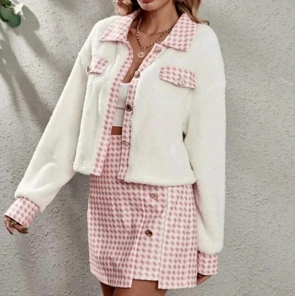 Houndstooth Panel Drop Shoulder Flannel Jacket & Skirt - Picture 4 of 6